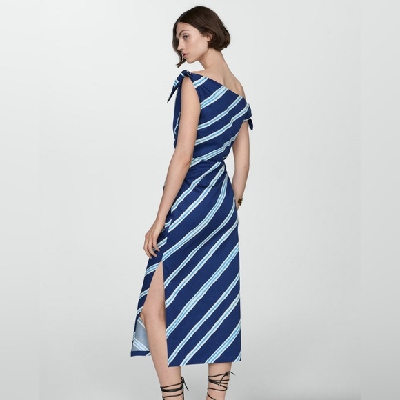 Mango Tie Shoulder 100% Cotton Striped Print Gathered Waist Side Slit Dress NWT - Picture 3 of 13